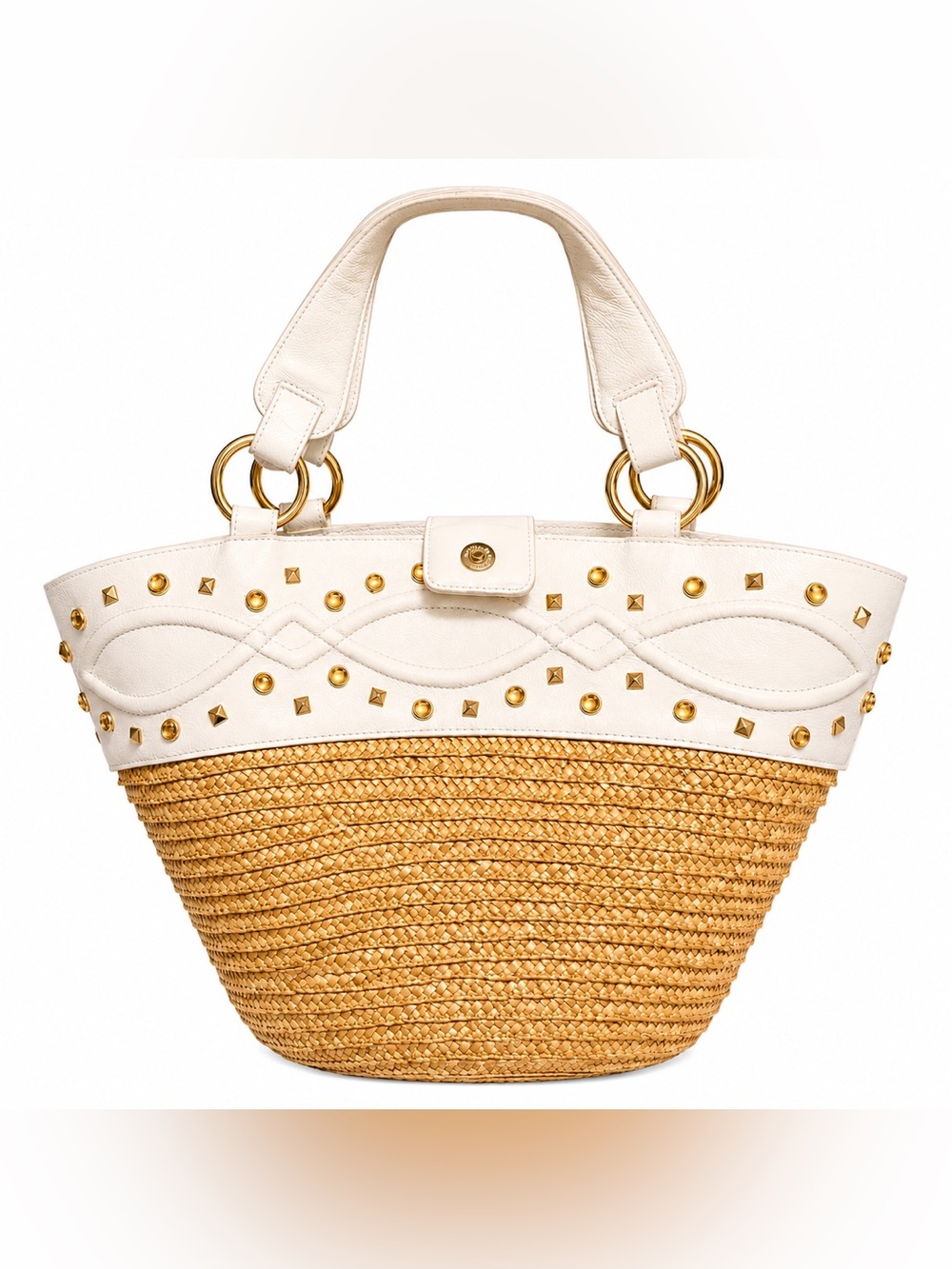Beverly Feldman Straw Tote Bag White Studded Resort Beach Bag Large 18x11.5x7.5